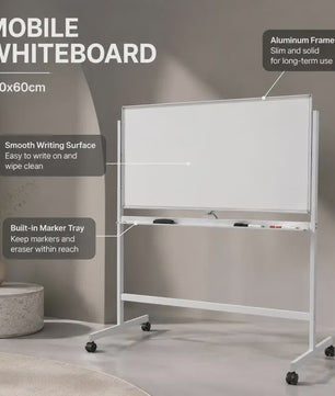 Mobiel Dubbelzijdig Magnetisch Whiteboard met Wieltjes, Pennen & Gum - 120x60cm