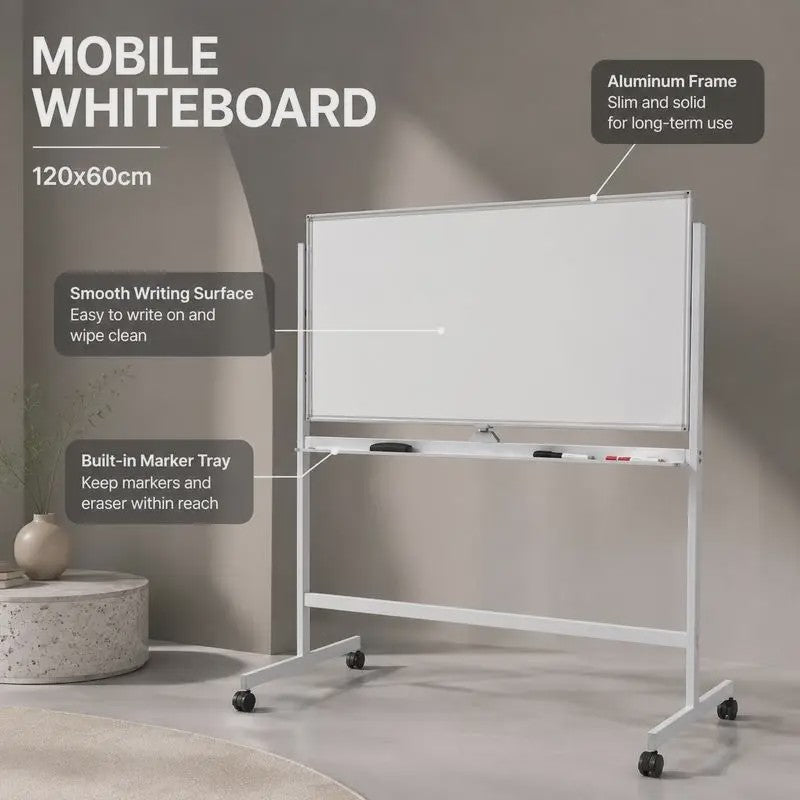 Mobiel Dubbelzijdig Magnetisch Whiteboard met Wieltjes, Pennen & Gum - 120x60cm