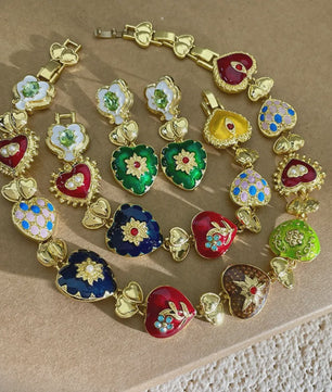 Retro Kleurrijke Hart & Bloem Ketting & Oorbellen Set - Paleis Stijl