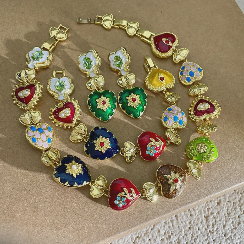 Retro Kleurrijke Hart & Bloem Ketting & Oorbellen Set - Paleis Stijl