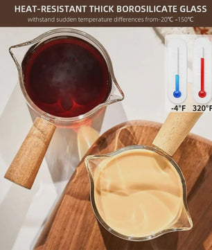 Glazen Espresso Maatbeker 75ml met Dubbele Uitloop en Houten Handvat - Barista Accessoire