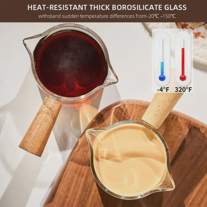 Glazen Espresso Maatbeker 75ml met Dubbele Uitloop en Houten Handvat - Barista Accessoire
