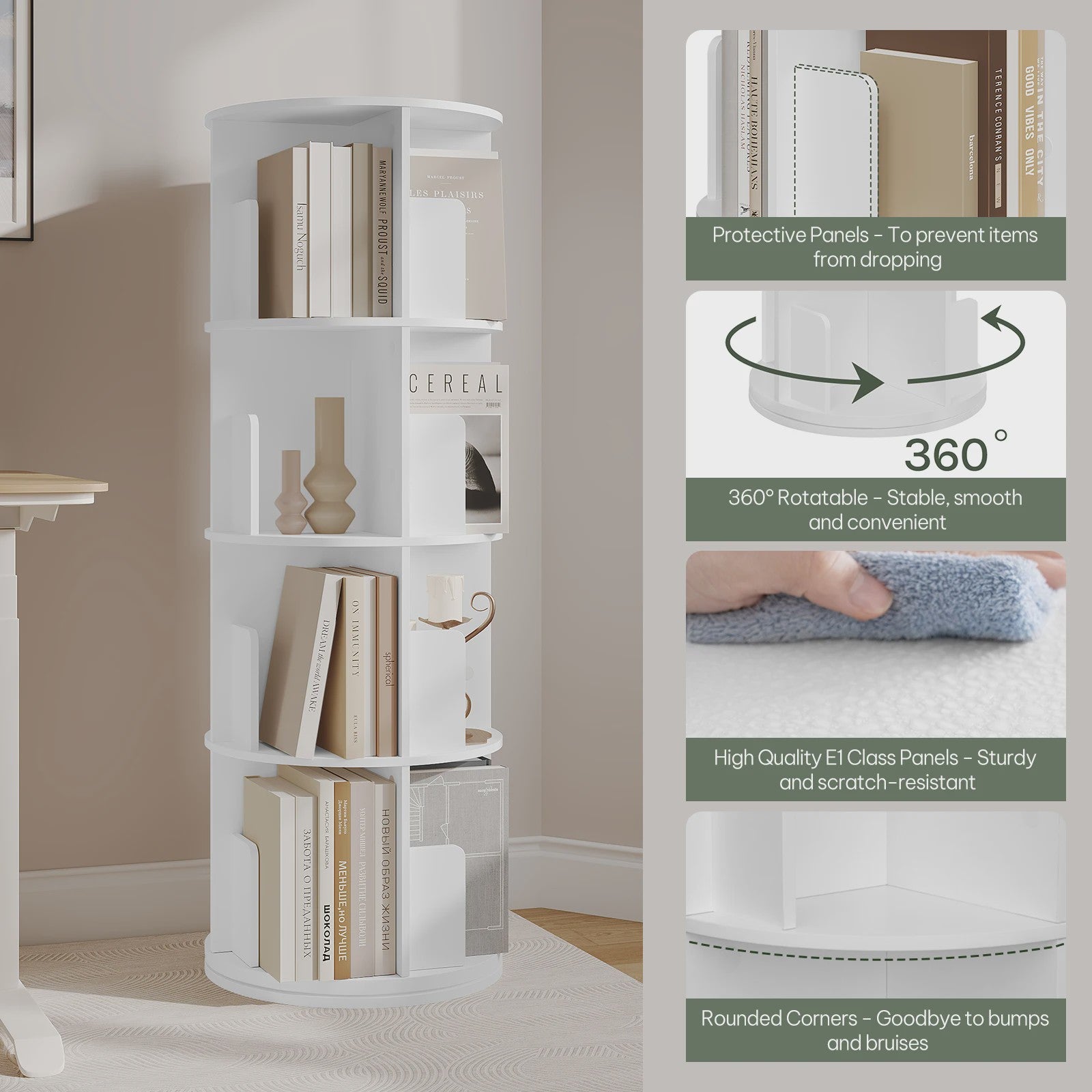 Draaibare Boekenkast 4 Niveaus - 360° Rotatie - Hoekdisplay - Woonkamer, Kantoor