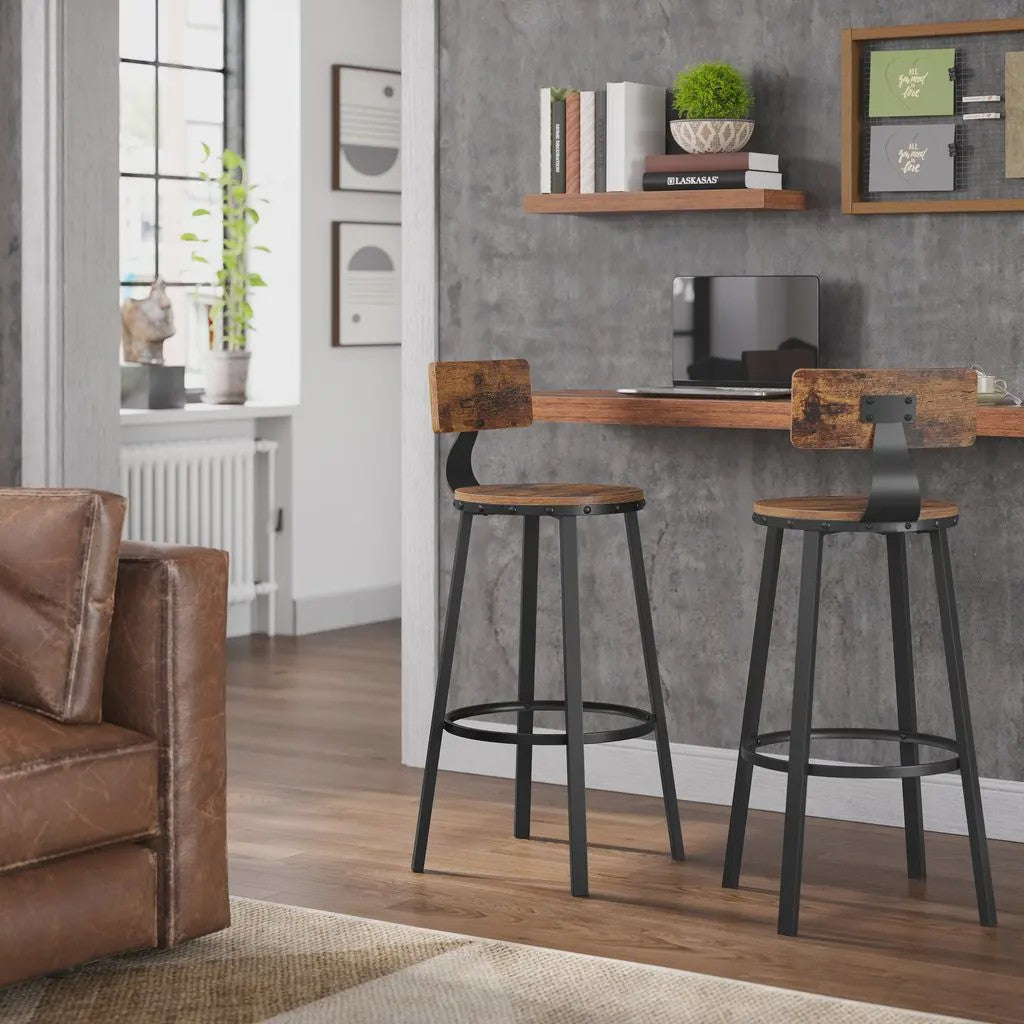 Set van 2 VASAGLE Industriële Barkrukken met Metalen Frame en Houten Zitting, Zithoogte 73 cm