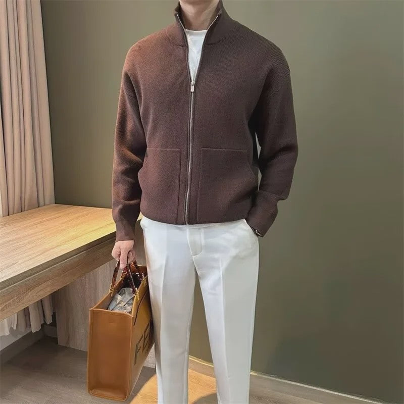 Heren Gebreide Cardigan met Rits en Opstaande Kraag - Casual & Zakelijk