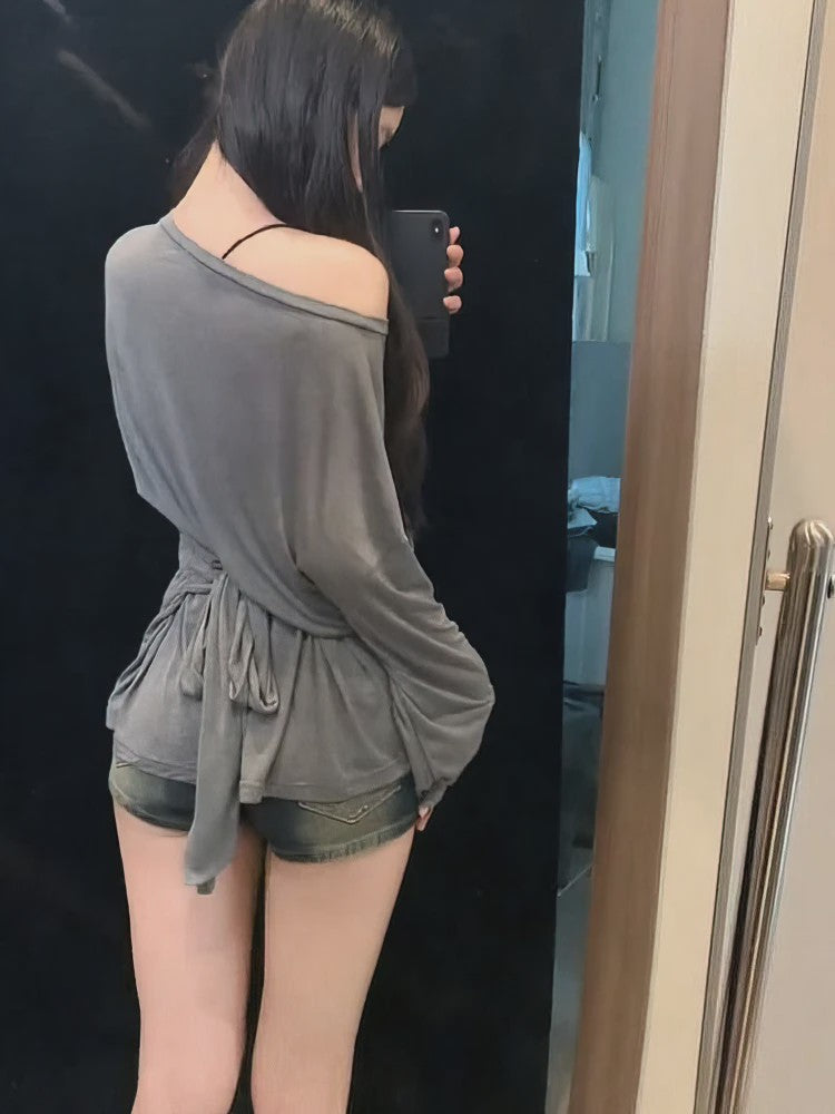 Dames Oversized T-shirt met Lange Mouwen en Off-Shoulder Design - Sexy Bandage Detail