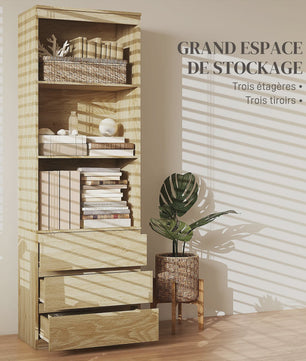 HOMCOM Boekenkast met 3 Planken en 3 Lades - Natuurlijk Hout Effect - 60x35x180 cm