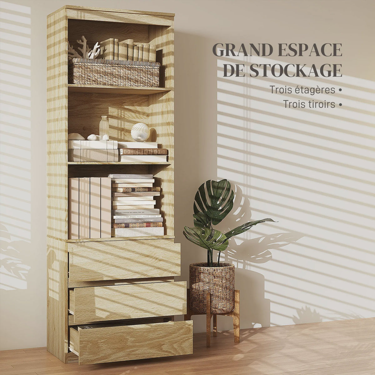HOMCOM Boekenkast met 3 Planken en 3 Lades - Natuurlijk Hout Effect - 60x35x180 cm