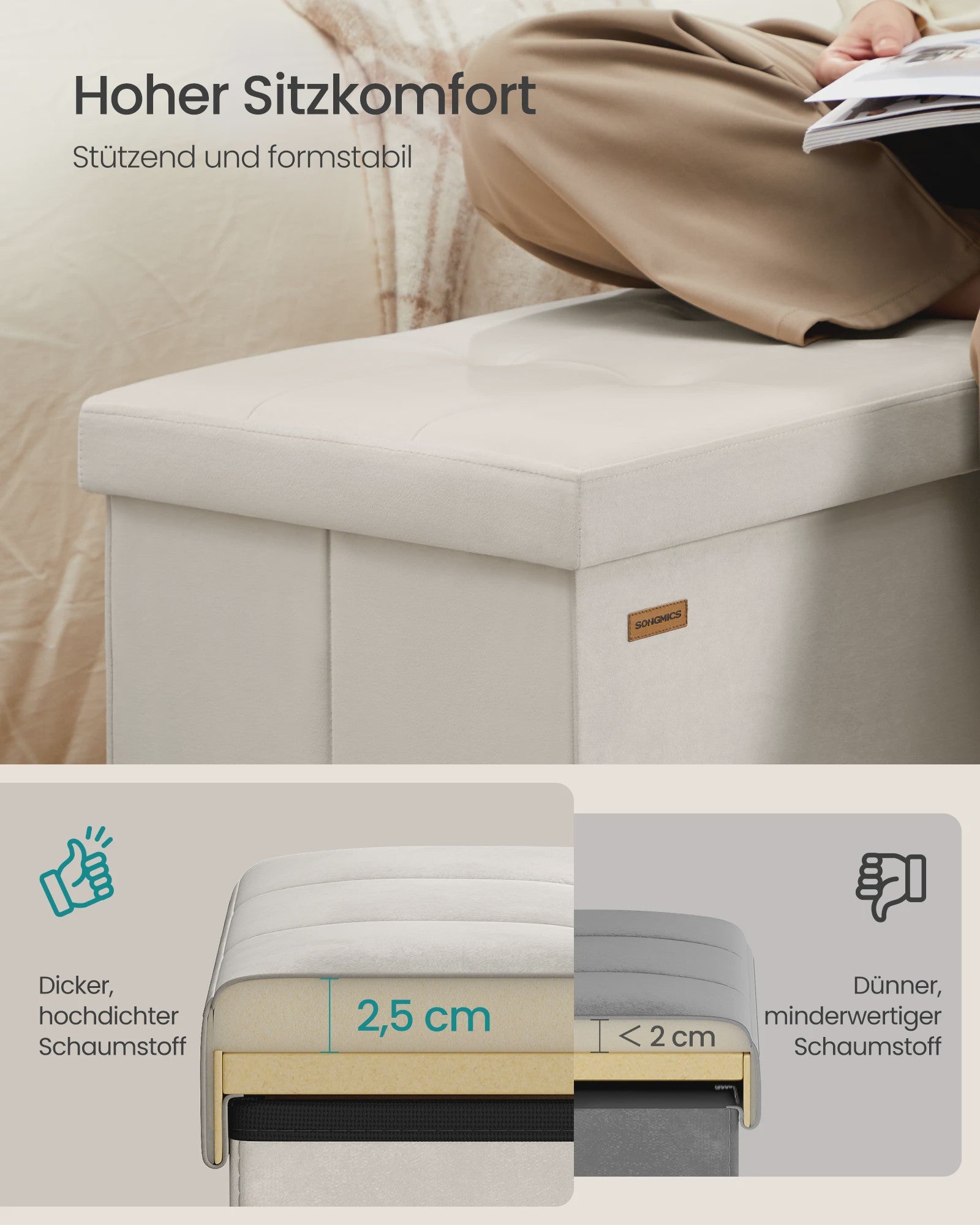 SONGMICS Opbergbank met Deksel - Velvet Zetel & Opbergruimte 76x38x38 cm