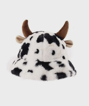 Warme Koeienprint Bucket Hat met Hoorns - Fleece Gevoerd & Verdikt voor de Winter