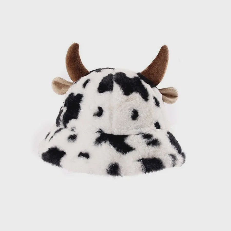 Warme Koeienprint Bucket Hat met Hoorns - Fleece Gevoerd & Verdikt voor de Winter