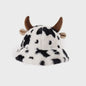 Warme Koeienprint Bucket Hat met Hoorns - Fleece Gevoerd & Verdikt voor de Winter
