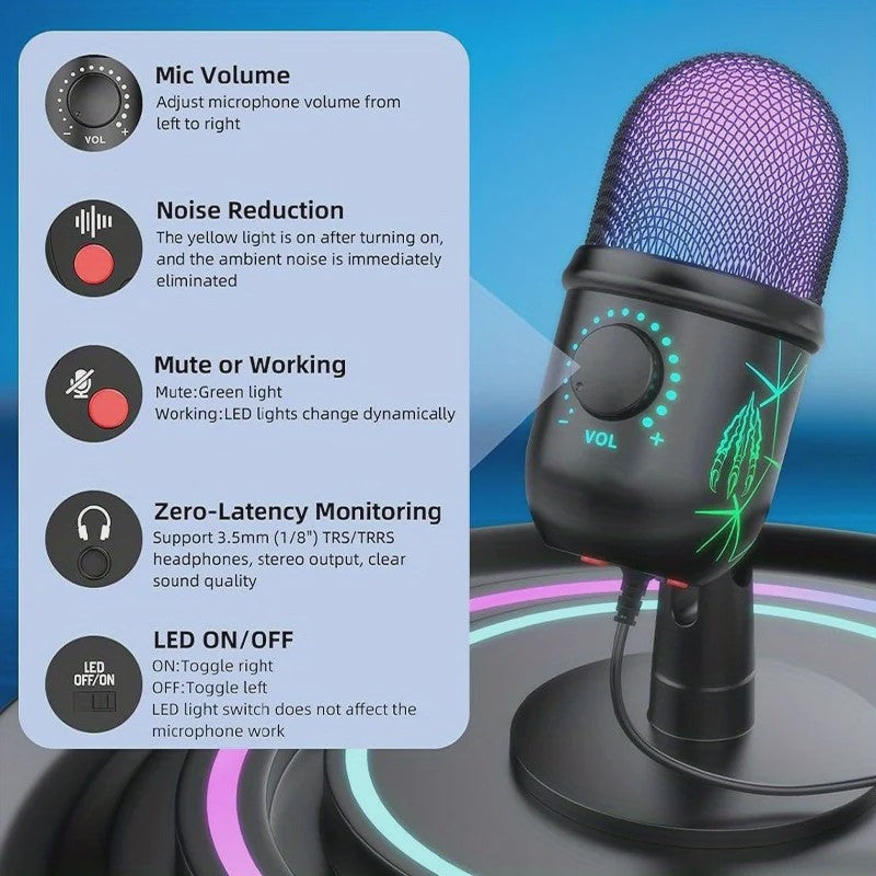USB Condenser Microfoon met RGB Verlichting - Gaming, Streaming & Karaoke