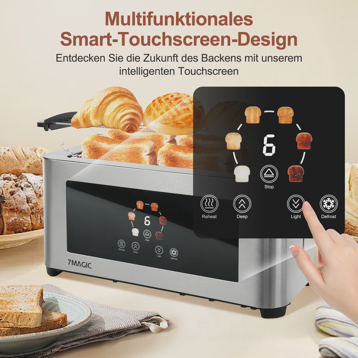 RVS Broodrooster met LCD Touch Display, 1400W, 4 Sneetjes en Broodjeshouder