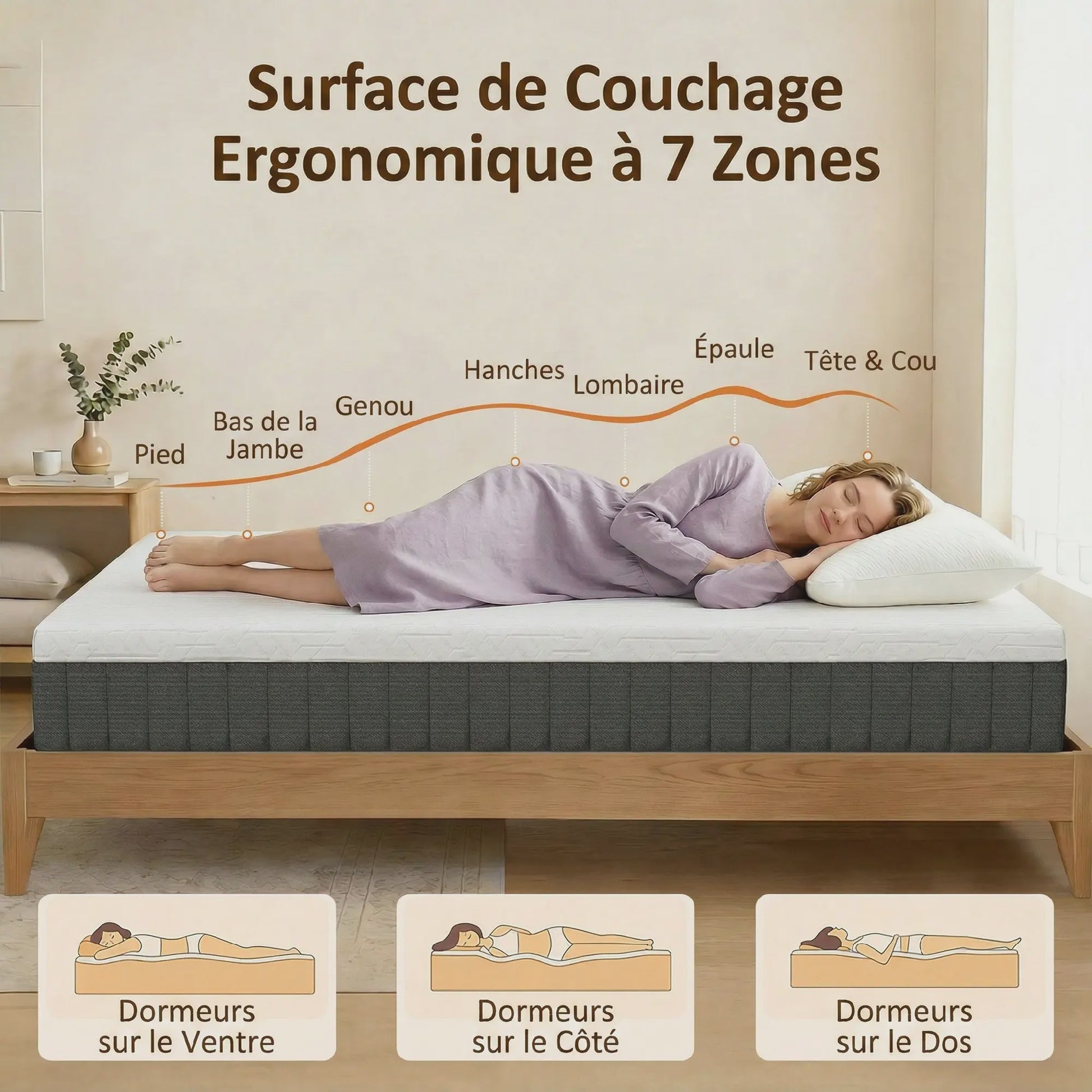 HOMCOM Matras 140x190 cm - 25 cm Dik, Traagschuim & 7-Zone Pocketvering, Medium Stevigheid
