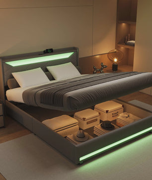 Luxe Boxspring Bed met Opbergruimte, LED Verlichting en USB - Grijs Linnen