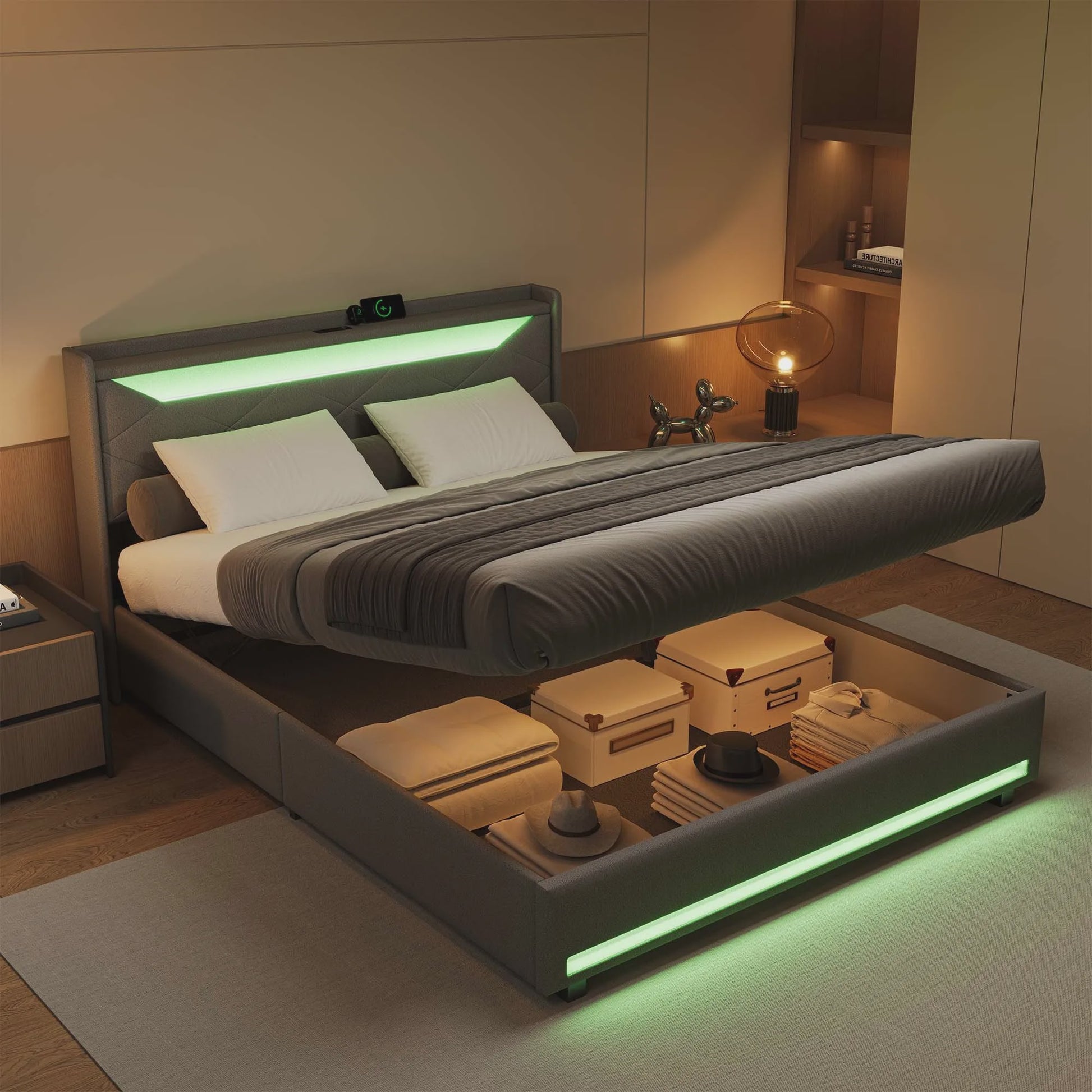 Luxe Boxspring Bed met Opbergruimte, LED Verlichting en USB - Grijs Linnen