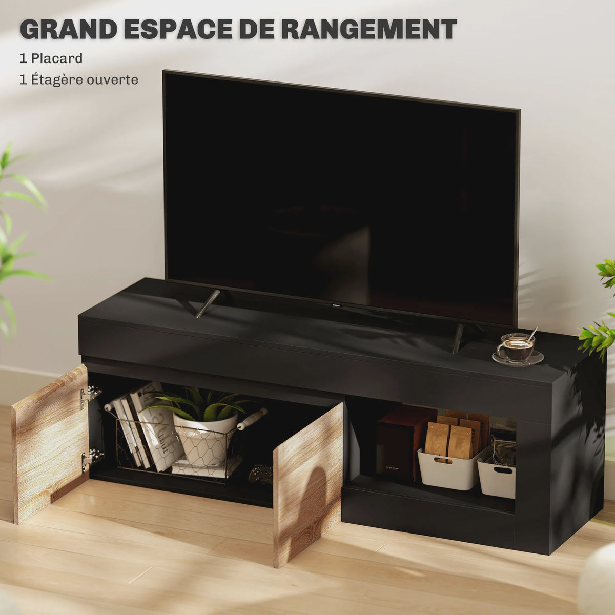 Moderne TV Meubel met 2 Deuren en Open Compartiment - Zwart/Houtkleur - Tot 60 Inch