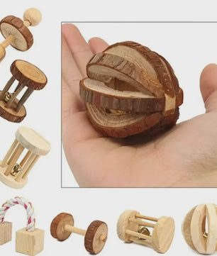 Natuurlijk Houten Speelgoed Set voor Knaagdieren, Konijnen & Hamsters - Kauwspeelgoed met Bel & Bal