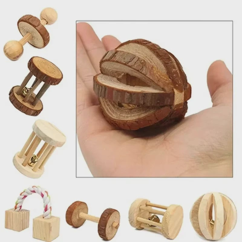 Natuurlijk Houten Speelgoed Set voor Knaagdieren, Konijnen & Hamsters - Kauwspeelgoed met Bel & Bal