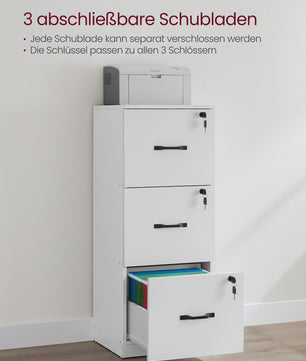 VASAGLE Archiefkast Kantoor Kast met 3 Afsluitbare Lades en Verstelbare Hangroede