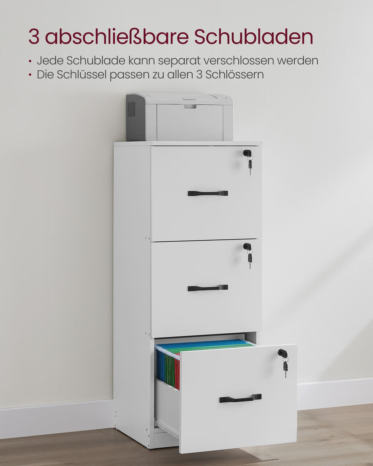 VASAGLE Archiefkast Kantoor Kast met 3 Afsluitbare Lades en Verstelbare Hangroede