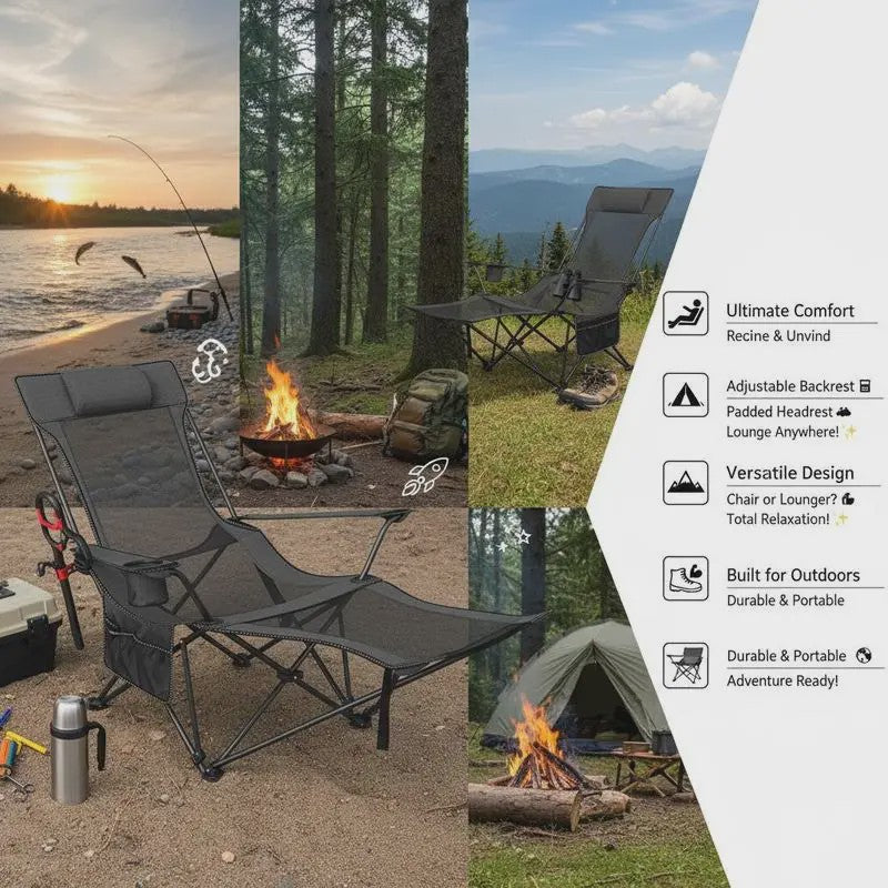 Luxe Verstelbare Campingstoel met Afneembare Voetensteun - Grijs
