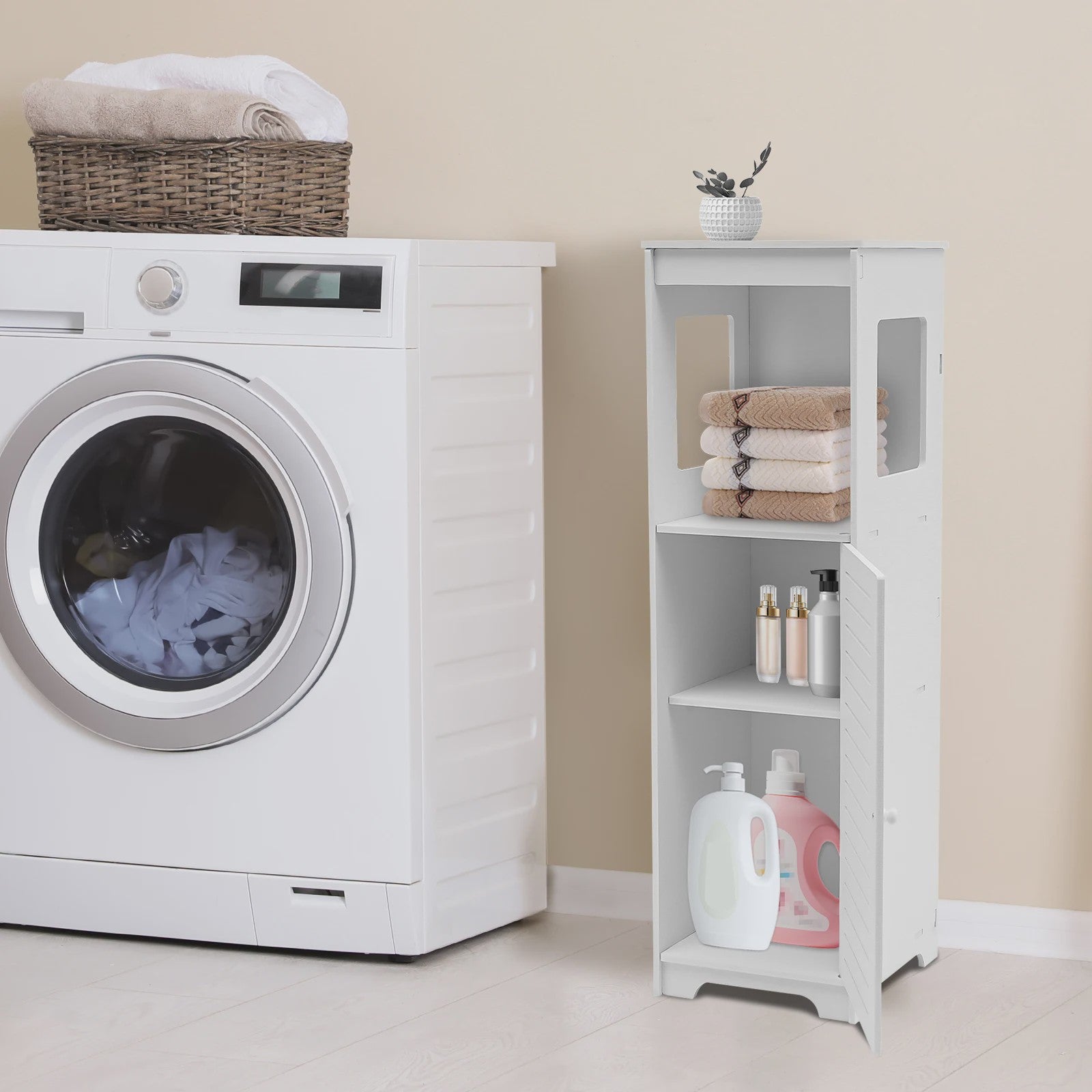 Witte Badkamer Opbergkast met Deur en Plank - PVC Toiletmeubel 28x25x90cm