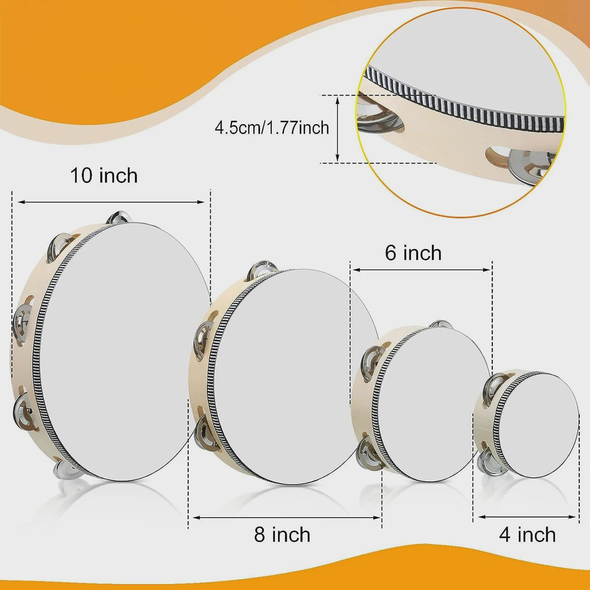 Miwayer Houten Tamboerijn met Metalen Schelletjes - 4 t/m 10 Inch