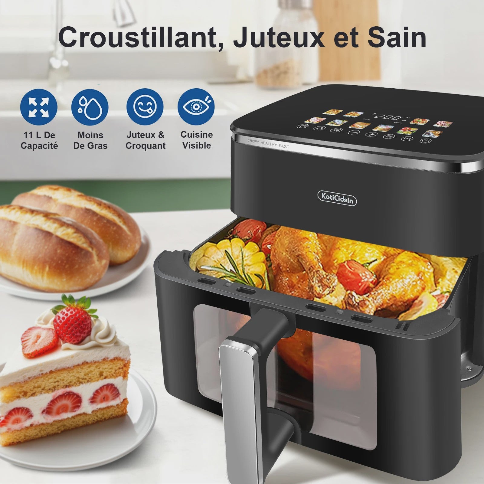 KotiCidsin Airfryer 11L - 2000W met Touchscreen en Zichtvenster