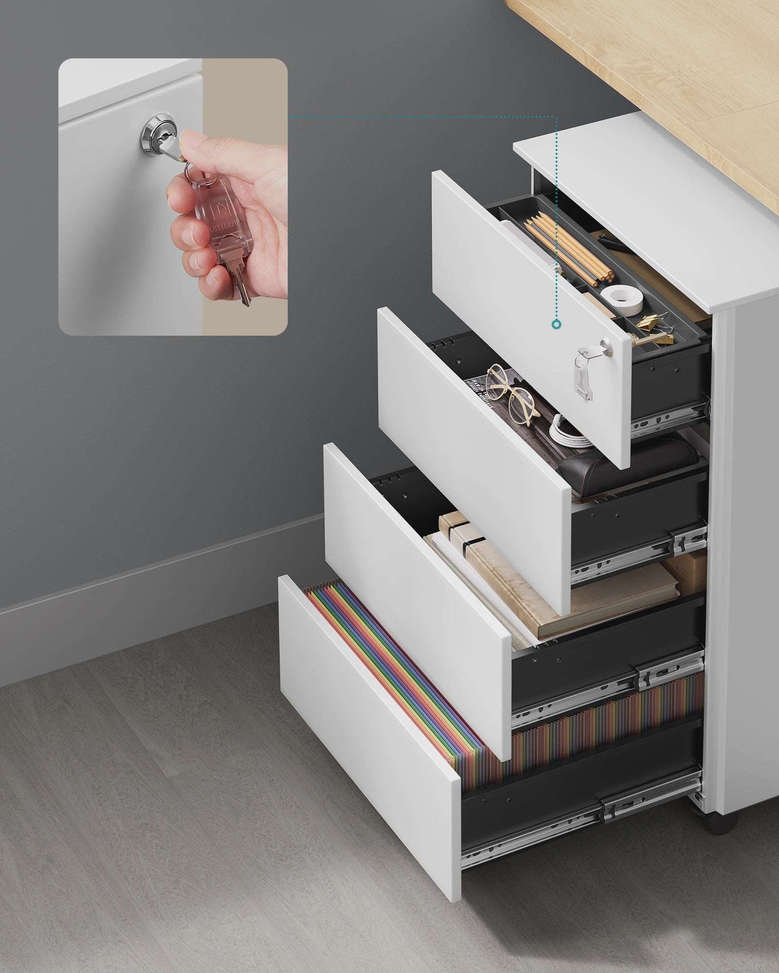 Mobiele Archiefkast op Wielen met 4 Lades en Slot - Metaal