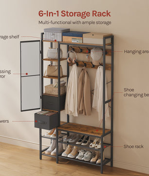 WOLTU Kapstok met Schoenrek, Spiegel en Lades - Open Garderoberek Metaal & Hout 100x30x180cm