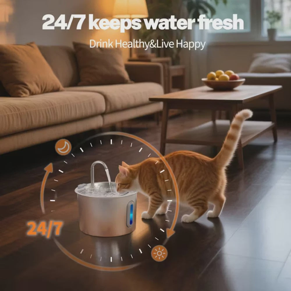 Automatische Drinkfontein RVS 2.2L voor Katten & Honden met Waterniveauvenster