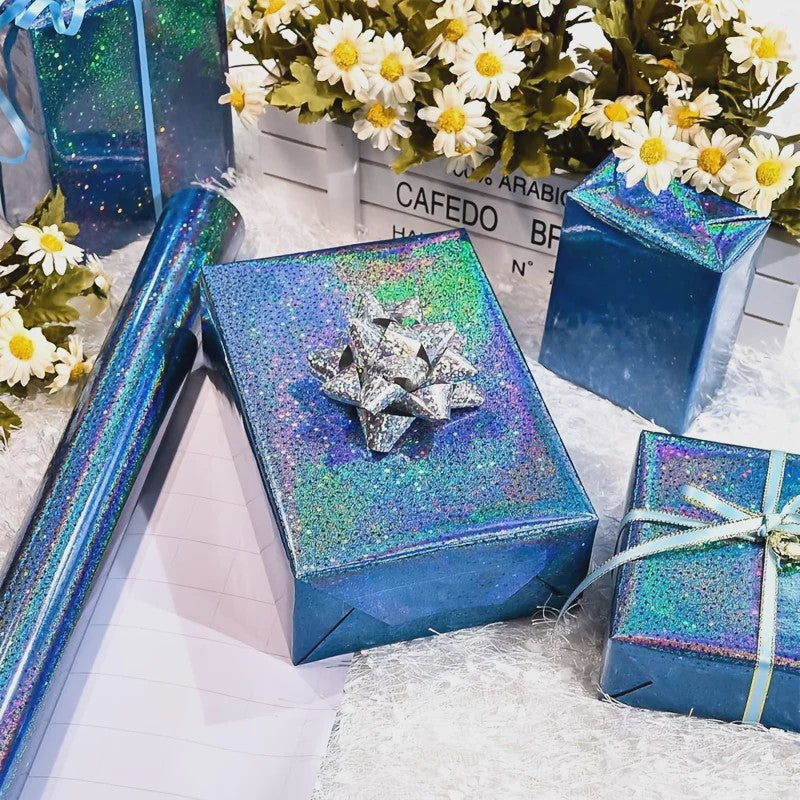 Holografisch Sterren Cadeaupapier Blauw - Glanzend & Feestelijk