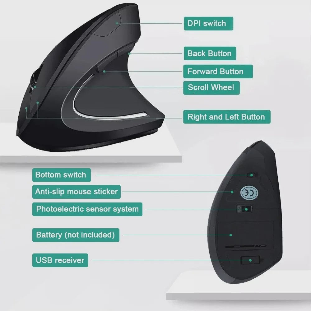 Ergonomische Verticale Draadloze Muis met Instelbare DPI voor PC en Laptop