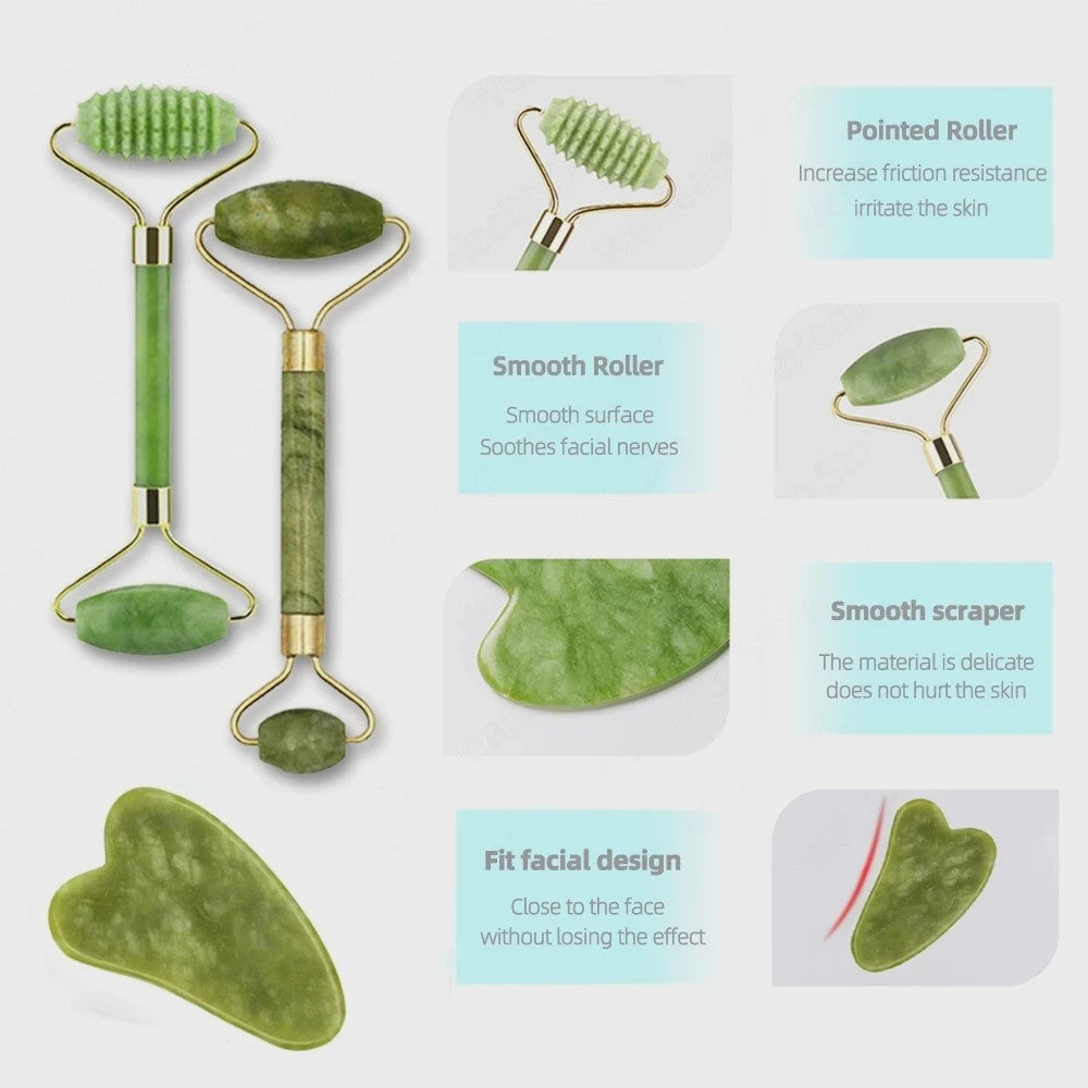 Gua Sha Jade Roller & Schraper Set - Gezichts- en Lichaamsmassage voor Huidverbetering
