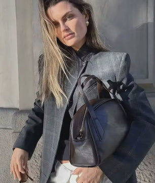 Chique Geruite Blazer Jas met Opstaande Kraag - Dames Casual Chic