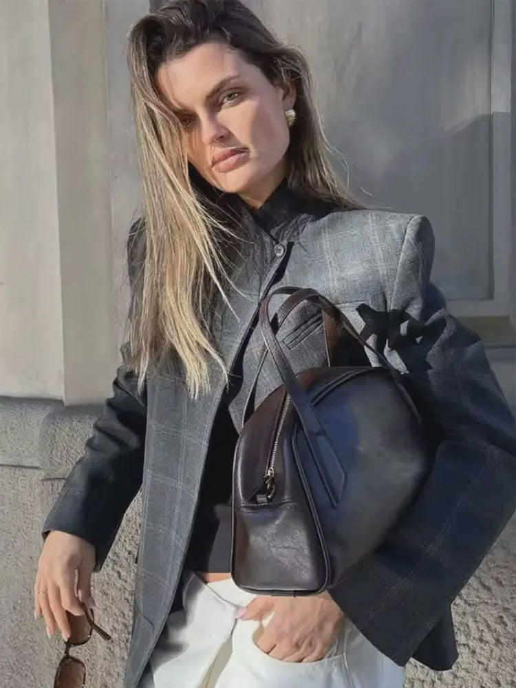 Chique Geruite Blazer Jas met Opstaande Kraag - Dames Casual Chic
