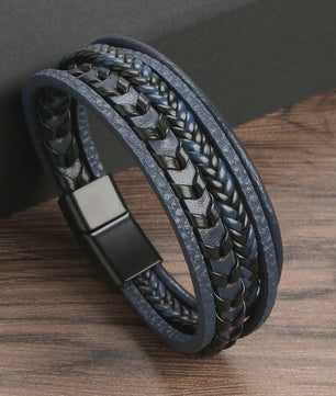 Heren Vintage Leren Armband met Gevlochten Design en Magnetische Sluiting