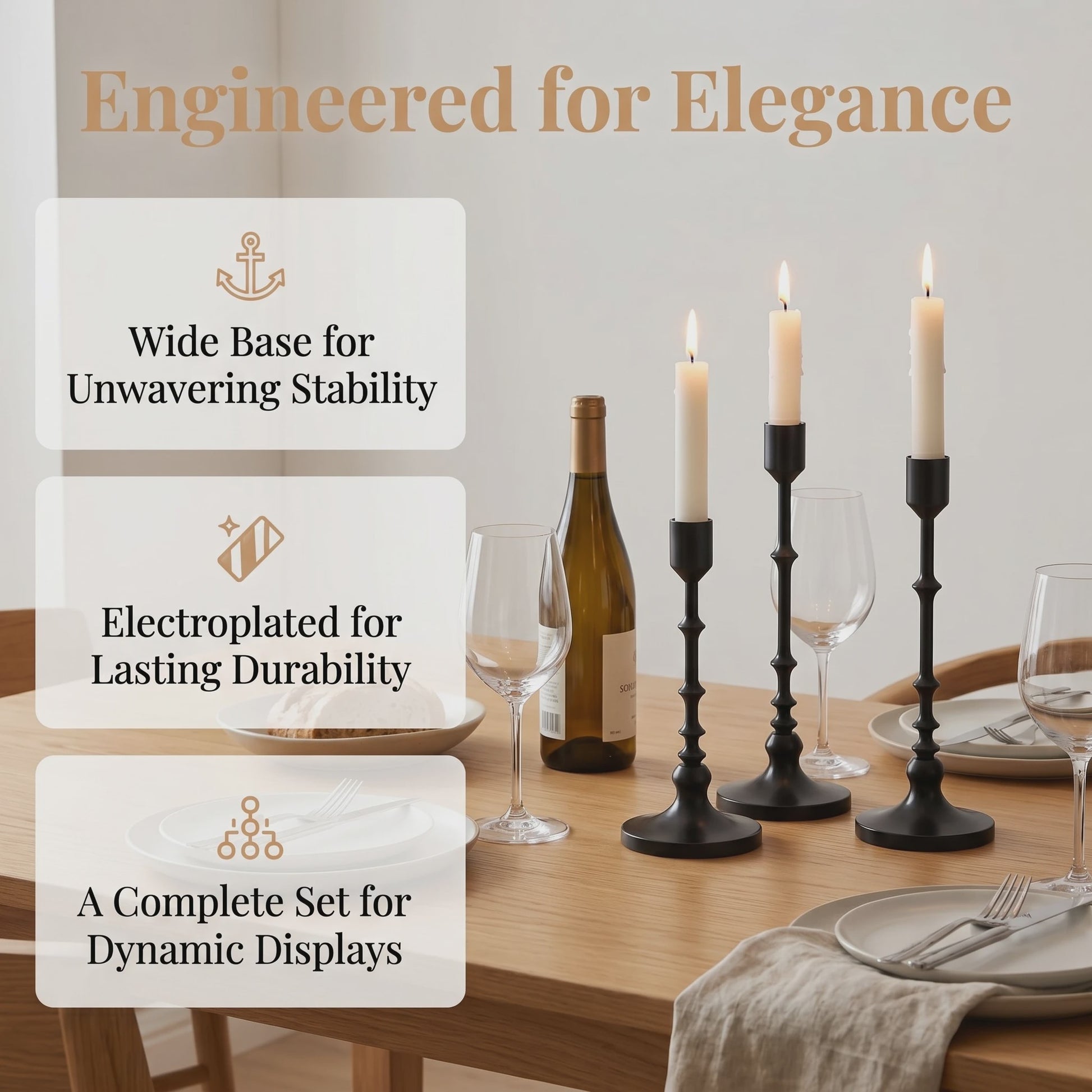Set van 3 Unieke Metalen Kaarsenstandaards - Goud & Zwart - Elegante Tafeldecoratie