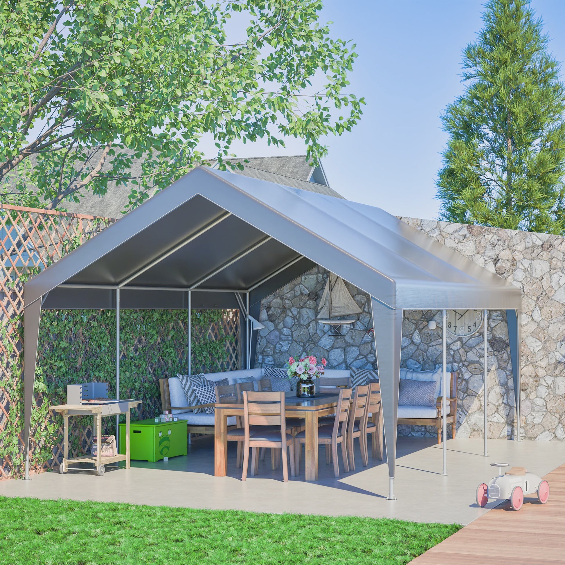 6x4x3m All-Weather Tent - Waterdichte Garage, UV-bescherming, Roll-Up Ramen - Grijs
