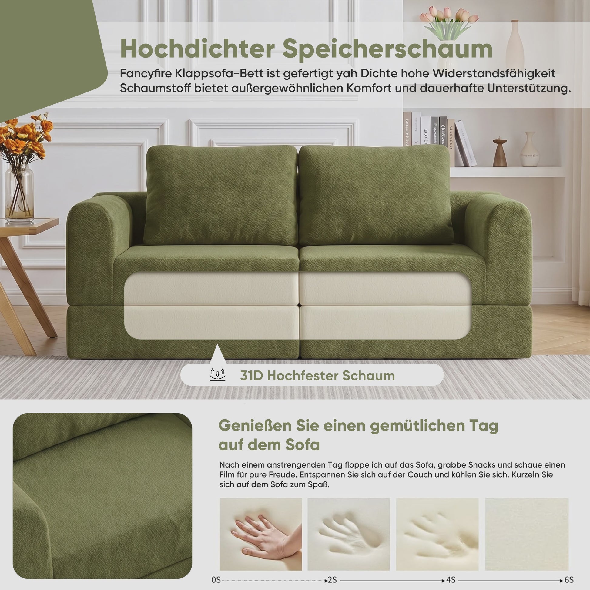 Groene 2-zits Slaapbank met Traagschuim | Flanel | 160x80 cm | Futon Sofa voor Woonkamer & Kleine Ruimtes