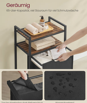 VASAGLE Wasmand met 2 Planken, Uitschuifbaar & Verwijderbare Zak (65L) - Ideaal voor Badkamer & Wasruimte