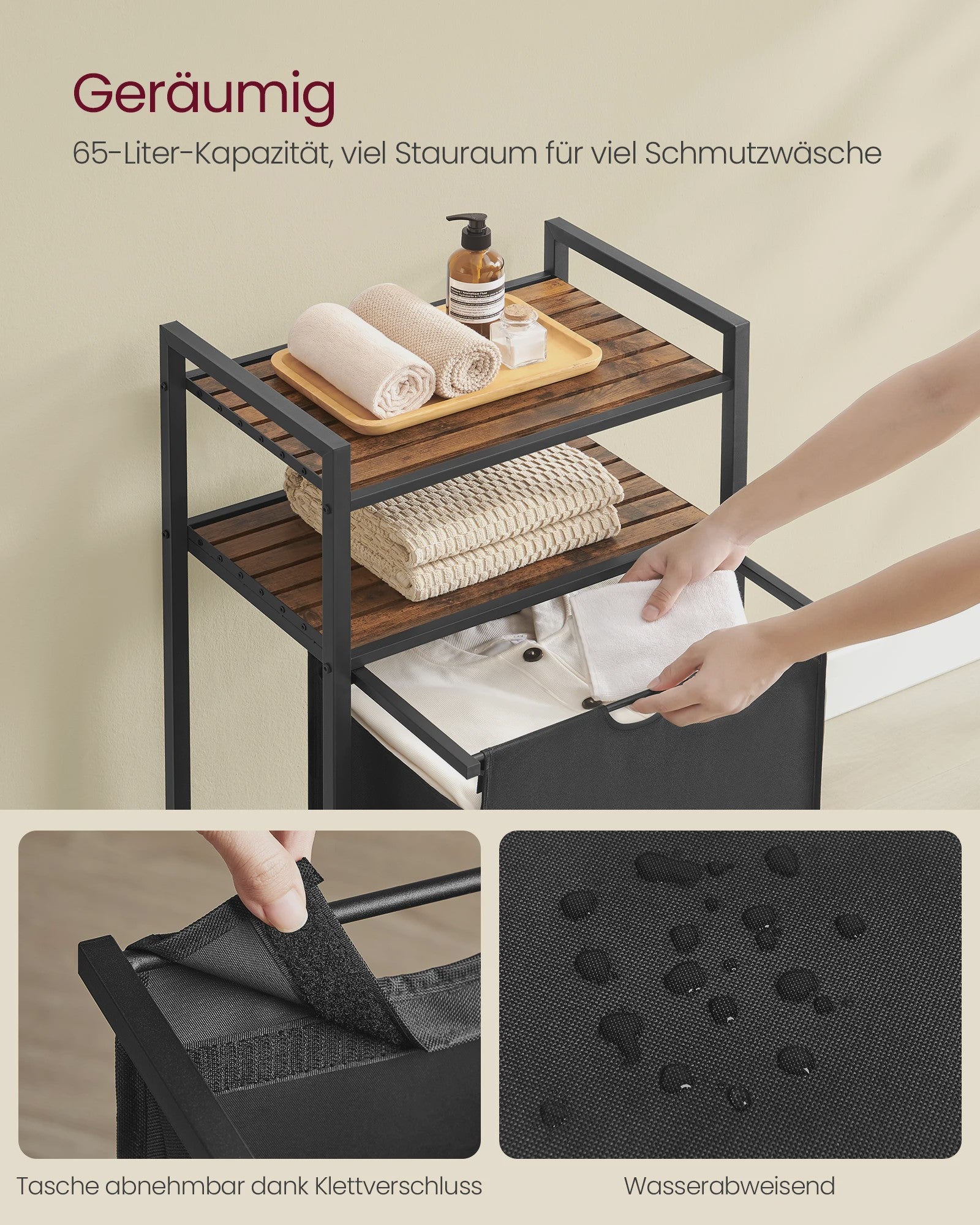 VASAGLE Wasmand met 2 Planken, Uitschuifbaar & Verwijderbare Zak (65L) - Ideaal voor Badkamer & Wasruimte