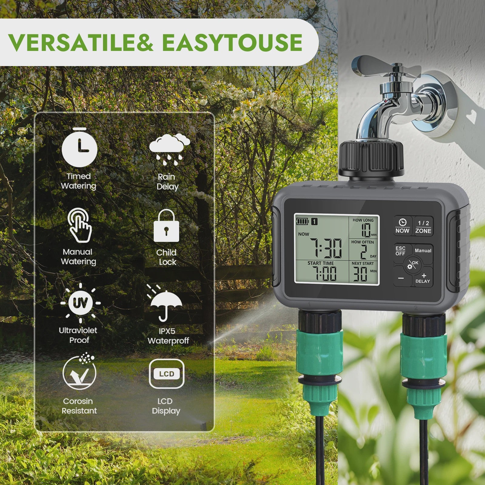 Slimme Tuin Watergift Timer met Dual Zone LCD Display en Vernevelingssysteem