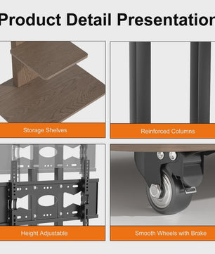 Verrijdbaar TV-meubel met Plank - In Hoogte Verstelbaar (40-75 inch) - Heavy Duty Staal & Hout