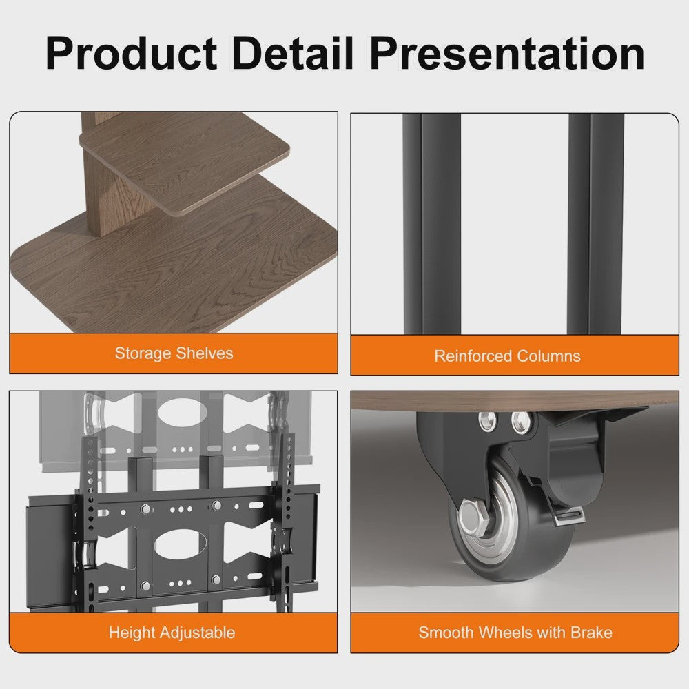 Verrijdbaar TV-meubel met Plank - In Hoogte Verstelbaar (40-75 inch) - Heavy Duty Staal & Hout