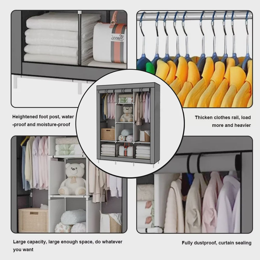 Draagbare Kledingkast Organizer - Opvouwbare Opbergkast met Stangen en Legplanken (126x44x170cm)