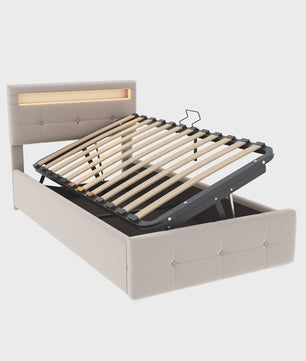 Kinderbed 90x200 cm Beige Velours met LED Verlichting, Hydraulische Opbergruimte en Verstelbaar Hoofdbord
