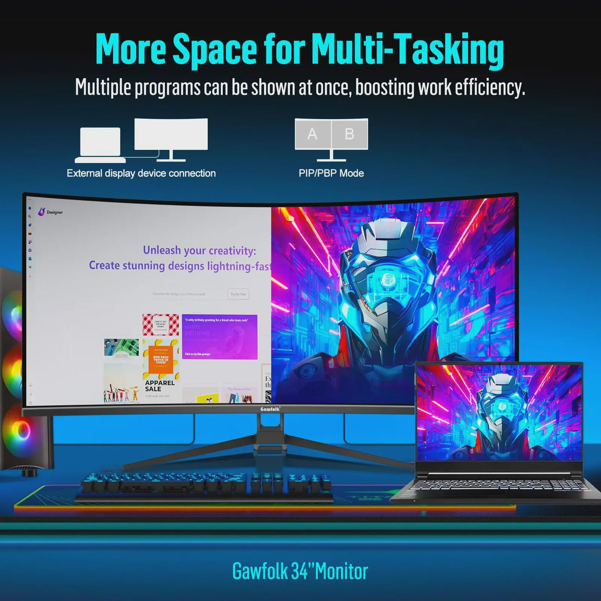 Gawfolk 34" Ultrawide Curved Gaming Monitor 165Hz UWQHD 1500R Curvature met FreeSync